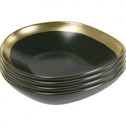 Kare Design Assiettes Creuses Assiette Creuse En Grès Vert Foncé Et Doré D19 - Lot De 4