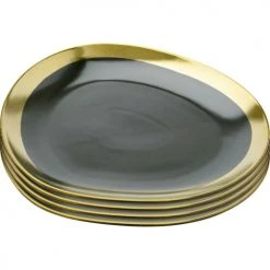 Kare Design Vaisselle De Noël Assiette En Grès Vert Foncé Et Doré D27 - Lot De 4